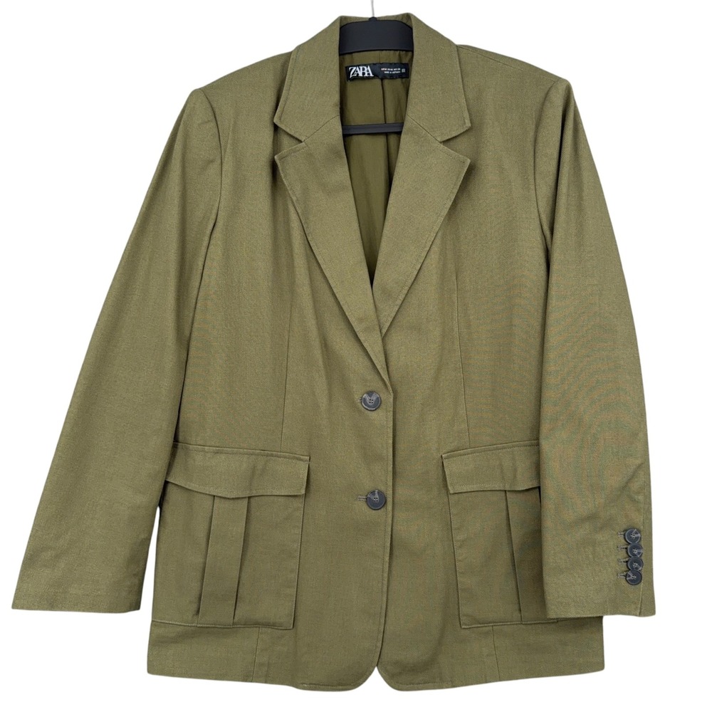 ZARA Blazer Women Size M Olive Green Utility Cargo Pocket Jacket